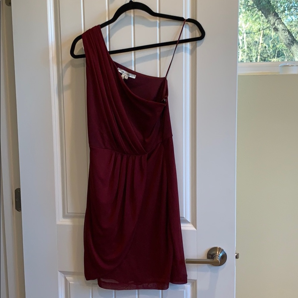 Max and Cleo red wine one shoulder dress